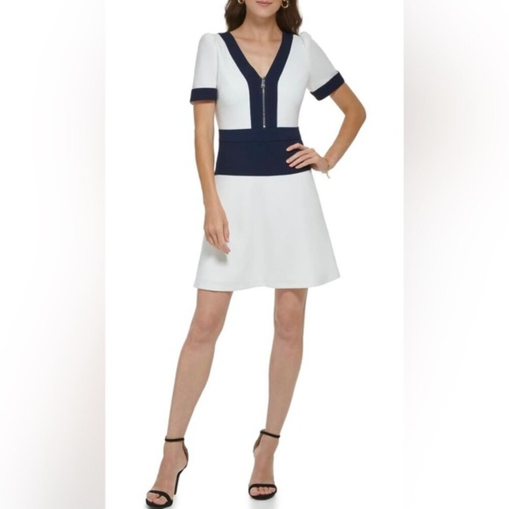NWT DKNY Fit&Flare Lined Zip Front Colorblocked Short Sleeve V Neck Mini Dress 6